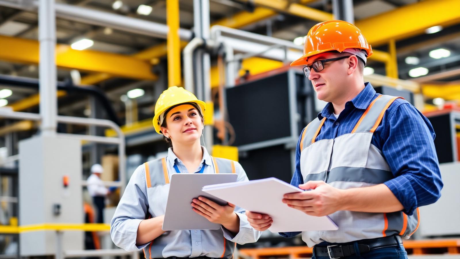 Engenheiros conduzindo inspeção técnica em indústria